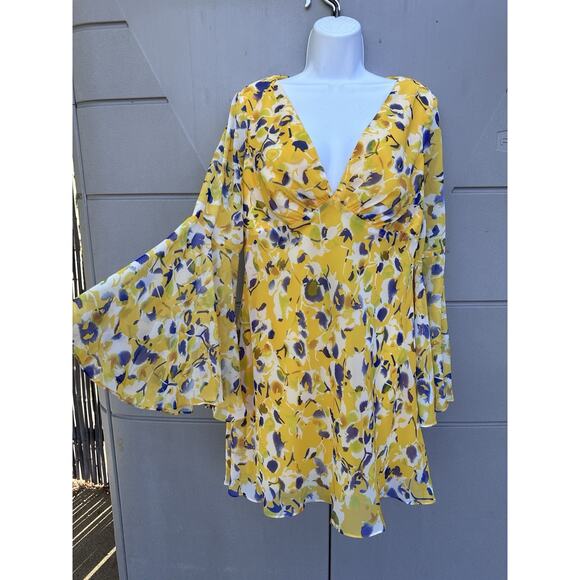 Mac Duggal yellow floral bell sleeves chiffon Mini dress party wedding Sz 10 - Picture 2 of 16